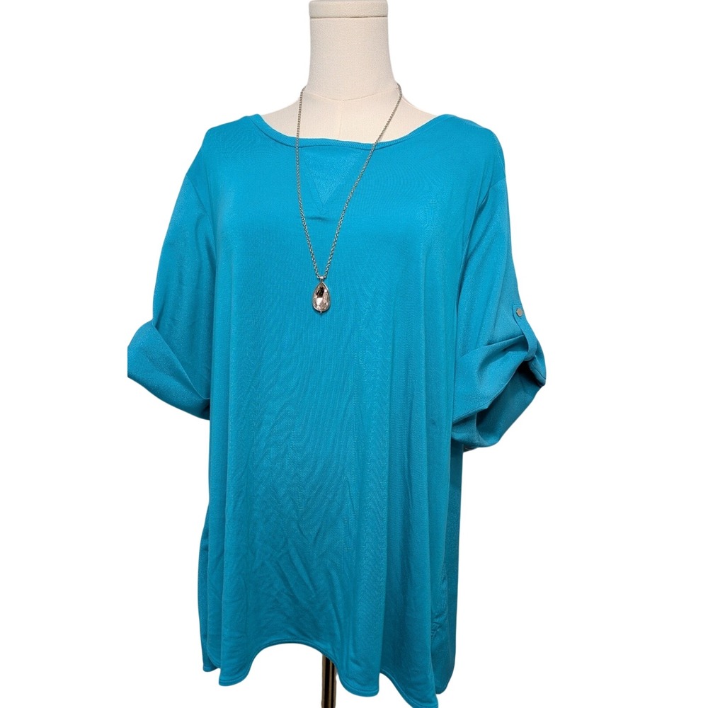 Calvin Klein Turquoise Blue 1X Blouse V Neck Roll Tab Sleeve